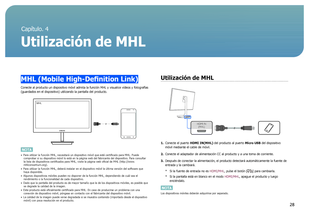 Samsung LS27B970DS/EN manual MHL Mobile High-Definition Link, Utilización de MHL 