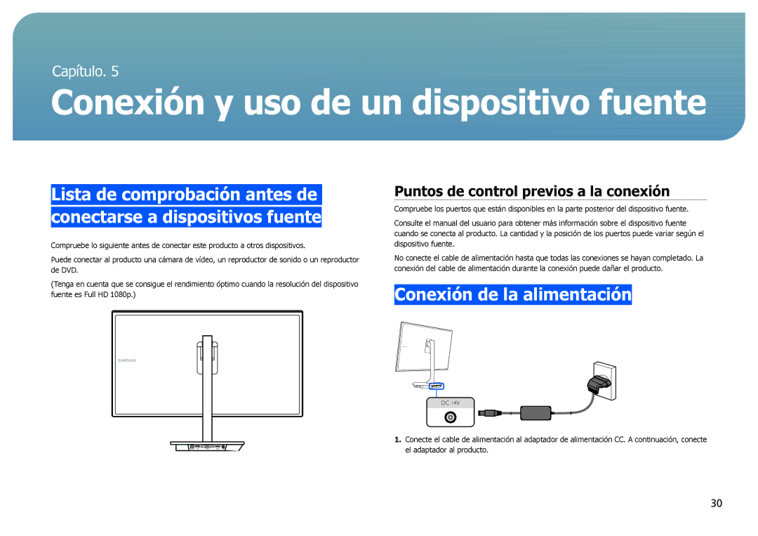 Samsung LS27B970DS/EN manual Conexión y uso de un dispositivo fuente, Conexión de la alimentación 