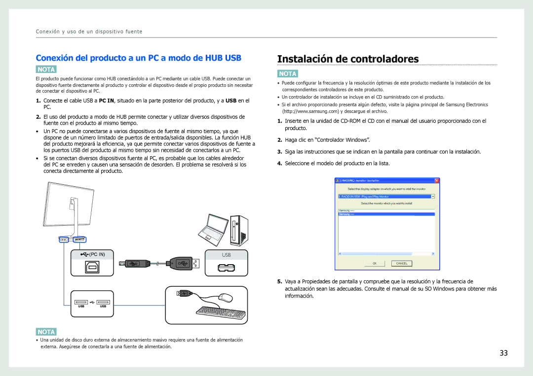 Samsung LS27B970DS/EN manual Instalación de controladores, Conexión del producto a un PC a modo de HUB USB 