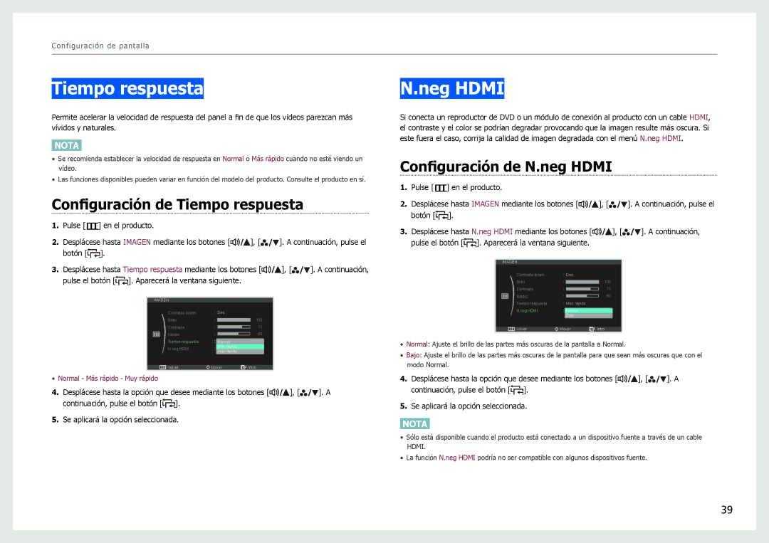 Samsung LS27B970DS/EN manual Neg Hdmi, Configuración de Tiempo respuesta, Configuración de N.neg Hdmi 