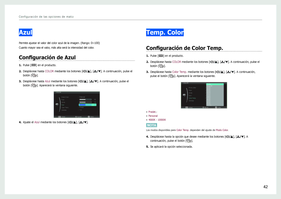 Samsung LS27B970DS/EN manual Temp. Color, Configuración de Azul, Configuración de Color Temp 