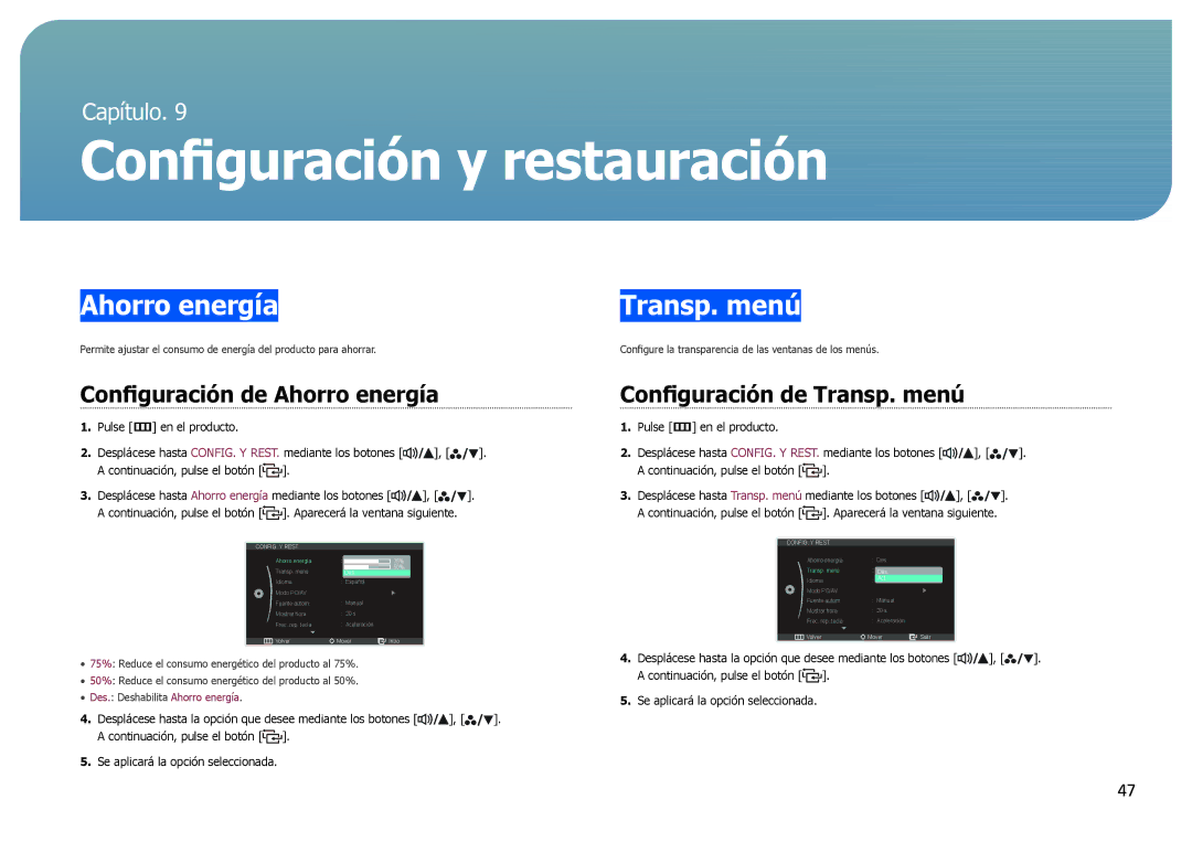Samsung LS27B970DS/EN manual Configuración y restauración, Configuración de Ahorro energía, Configuración de Transp. menú 