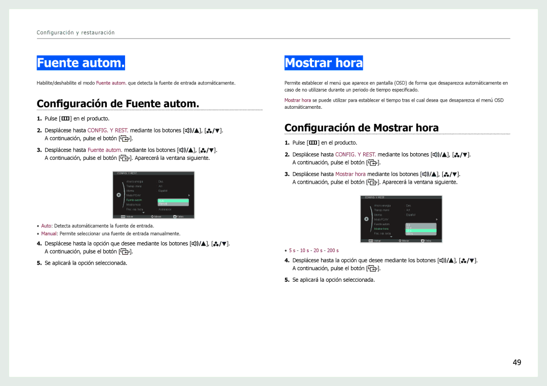 Samsung LS27B970DS/EN manual Configuración de Fuente autom, Configuración de Mostrar hora 