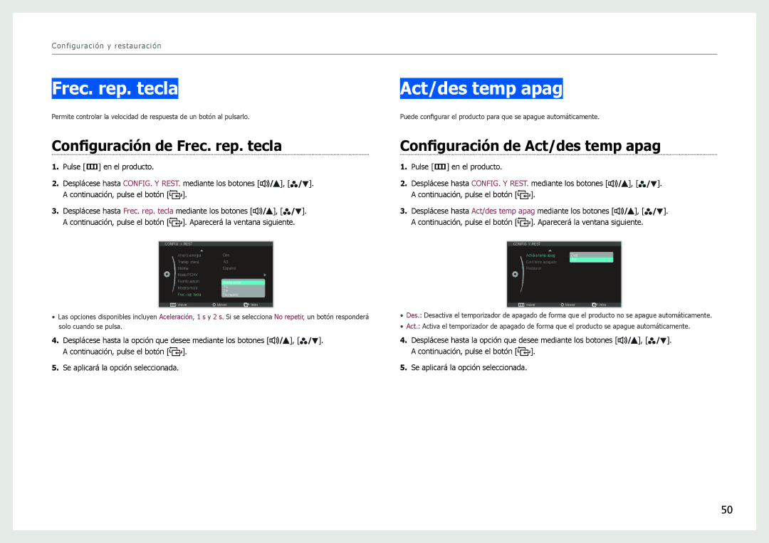 Samsung LS27B970DS/EN manual Configuración de Frec. rep. tecla, Configuración de Act/des temp apag 