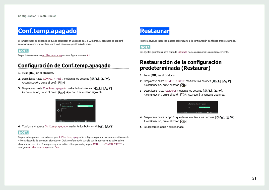 Samsung LS27B970DS/EN manual Restaurar, Configuración de Conf.temp.apagado 