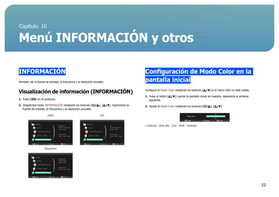 Samsung LS27B970DS/EN manual Menú Información y otros, Configuración de Modo Color en la pantalla inicial 