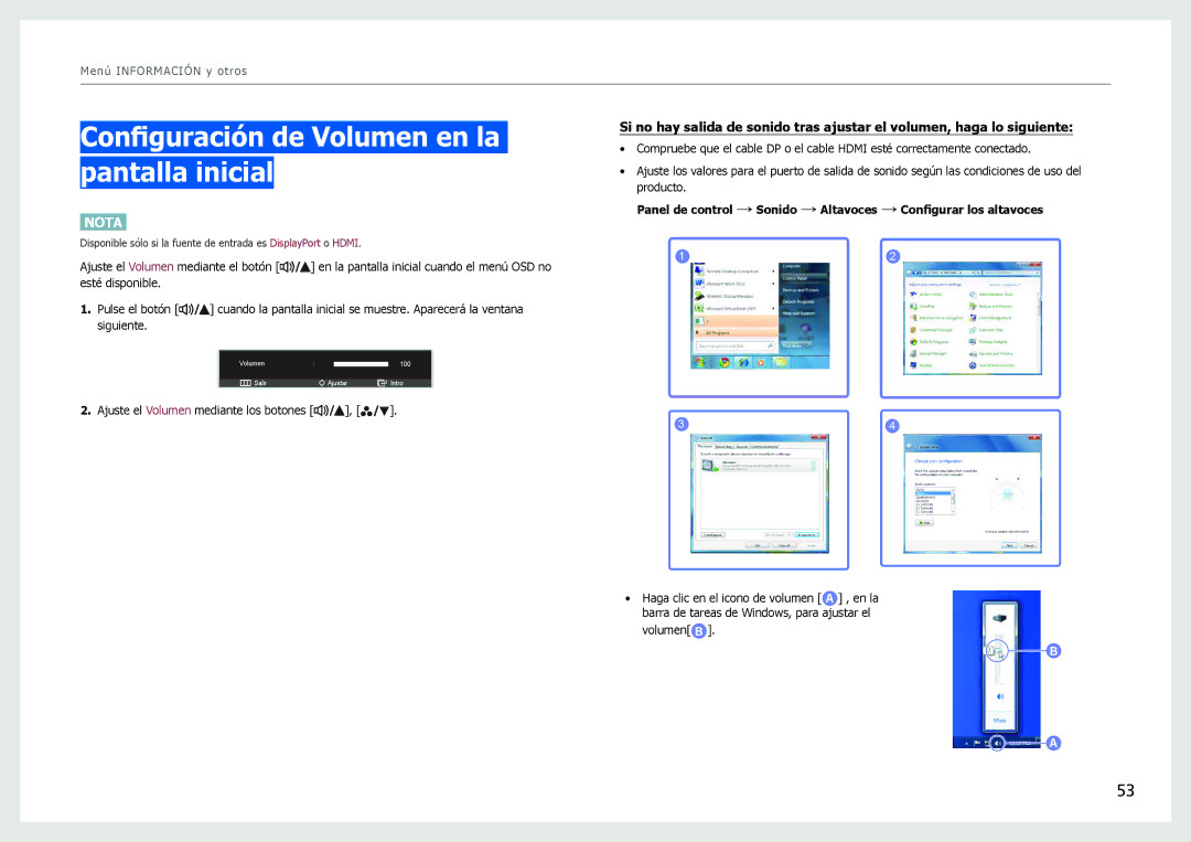 Samsung LS27B970DS/EN manual Configuración de Volumen en la pantalla inicial 