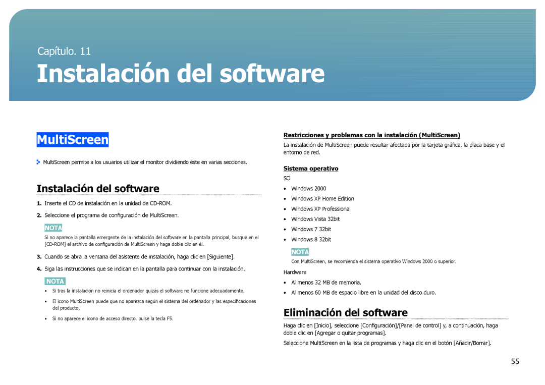 Samsung LS27B970DS/EN manual MultiScreen, Instalación del software, Eliminación del software 