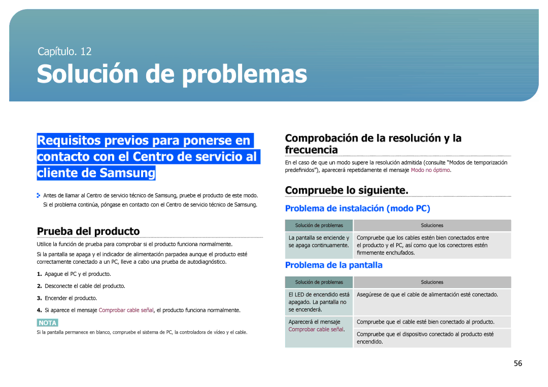 Samsung LS27B970DS/EN manual Prueba del producto, Comprobación de la resolución y la frecuencia, Compruebe lo siguiente 