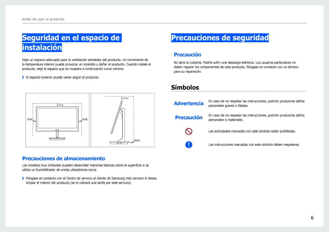 Samsung LS27B970DS/EN manual Seguridad en el espacio de instalación, Precauciones de seguridad, Símbolos 