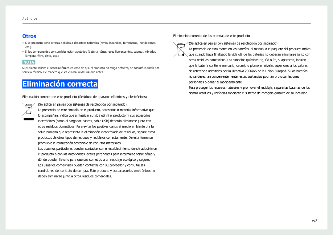 Samsung LS27B970DS/EN manual Eliminación correcta, Otros 