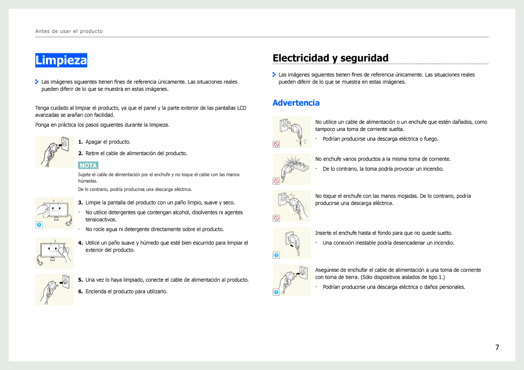 Samsung LS27B970DS/EN manual Limpieza, Electricidad y seguridad, Advertencia 