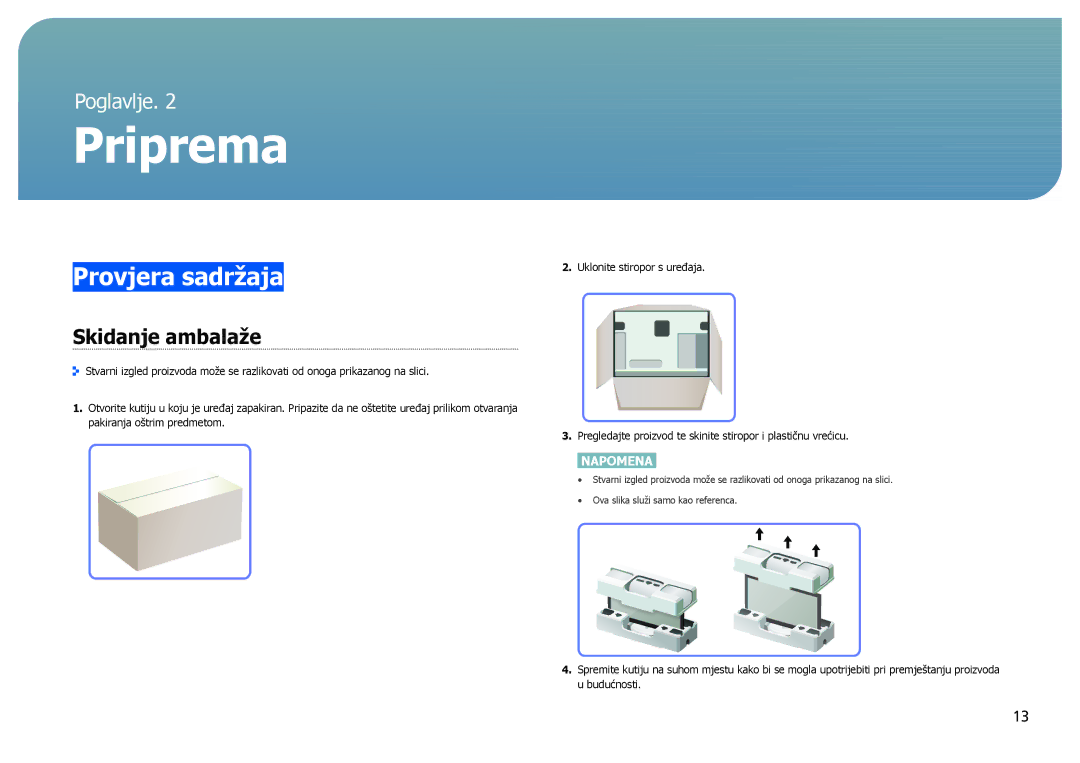 Samsung LS27B970DS/EN manual Priprema, Provjera sadržaja, Skidanje ambalaže 