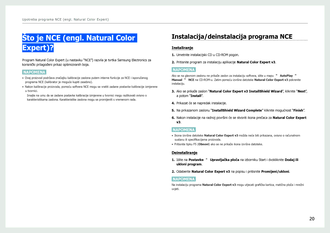 Samsung LS27B970DS/EN manual Što je NCE engl. Natural Color Expert?, Instalacija/deinstalacija programa NCE 