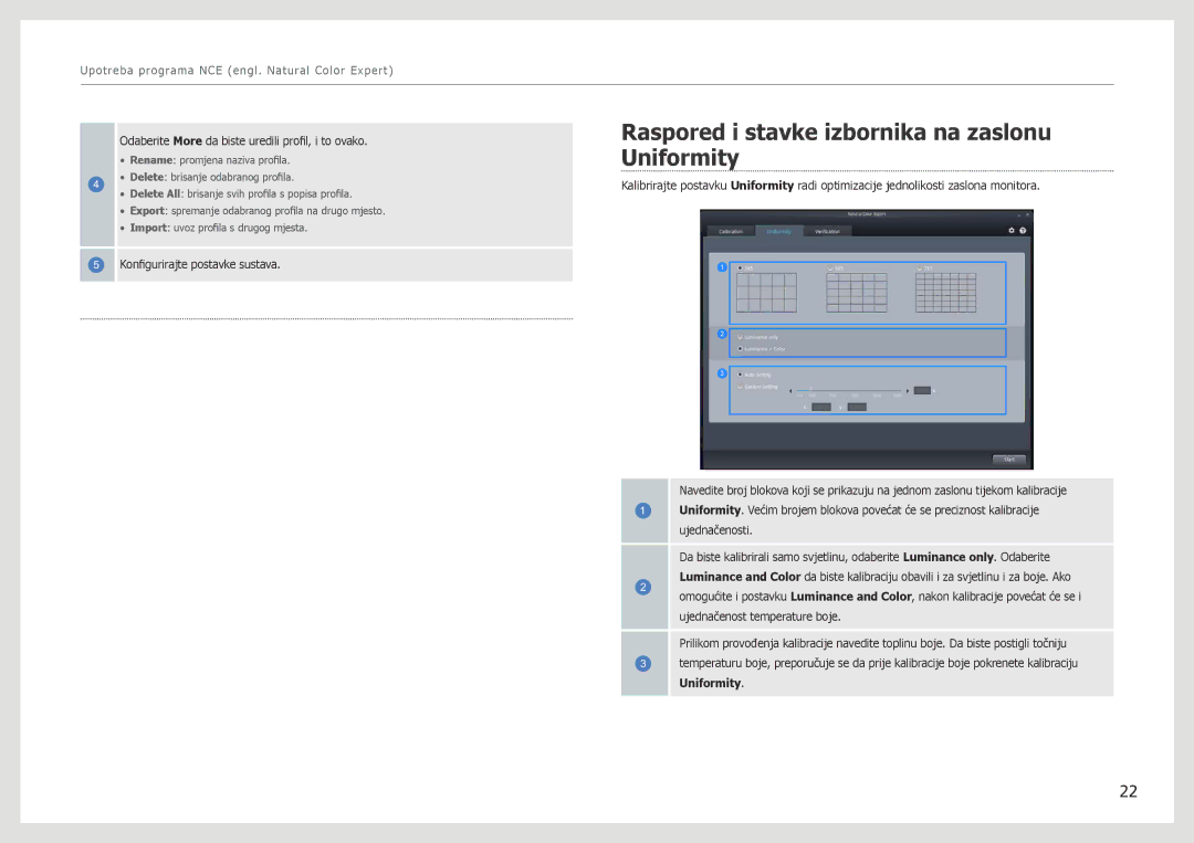 Samsung LS27B970DS/EN manual Raspored i stavke izbornika na zaslonu Uniformity 