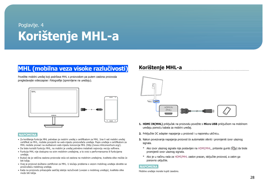 Samsung LS27B970DS/EN manual Korištenje MHL-a, MHL mobilna veza visoke razlučivosti 