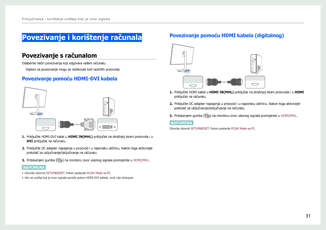 Samsung LS27B970DS/EN manual Povezivanje i korištenje računala, Povezivanje s računalom, Povezivanje pomoću HDMI-DVI kabela 