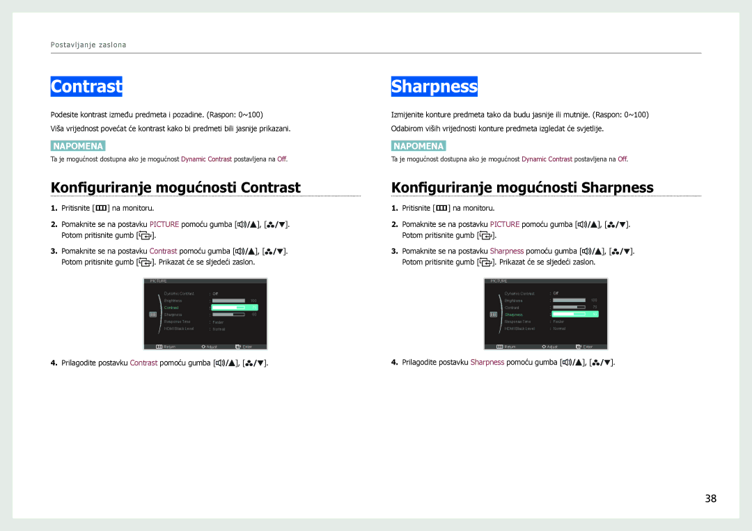 Samsung LS27B970DS/EN manual Konfiguriranje mogućnosti Contrast, Konfiguriranje mogućnosti Sharpness 
