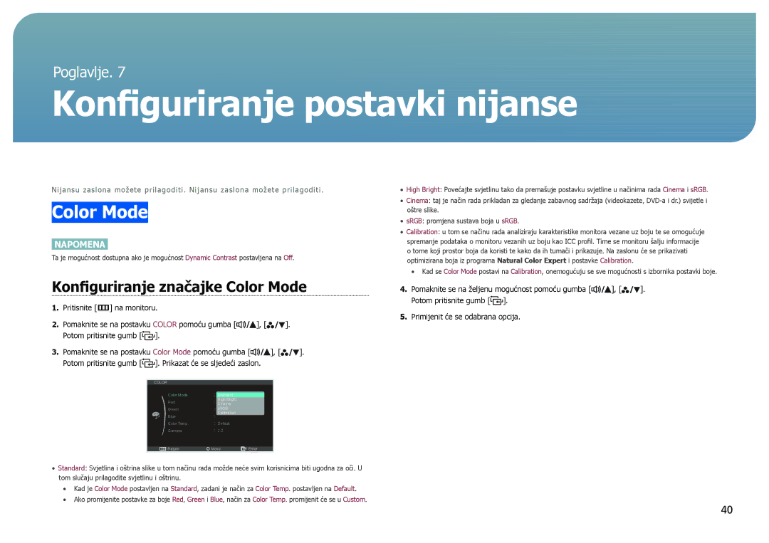 Samsung LS27B970DS/EN manual Konfiguriranje postavki nijanse, Konfiguriranje značajke Color Mode 