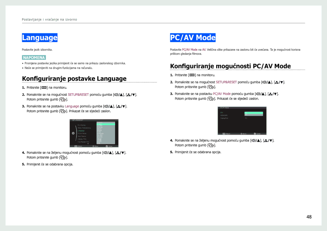 Samsung LS27B970DS/EN manual Konfiguriranje postavke Language, Konfiguriranje mogućnosti PC/AV Mode 