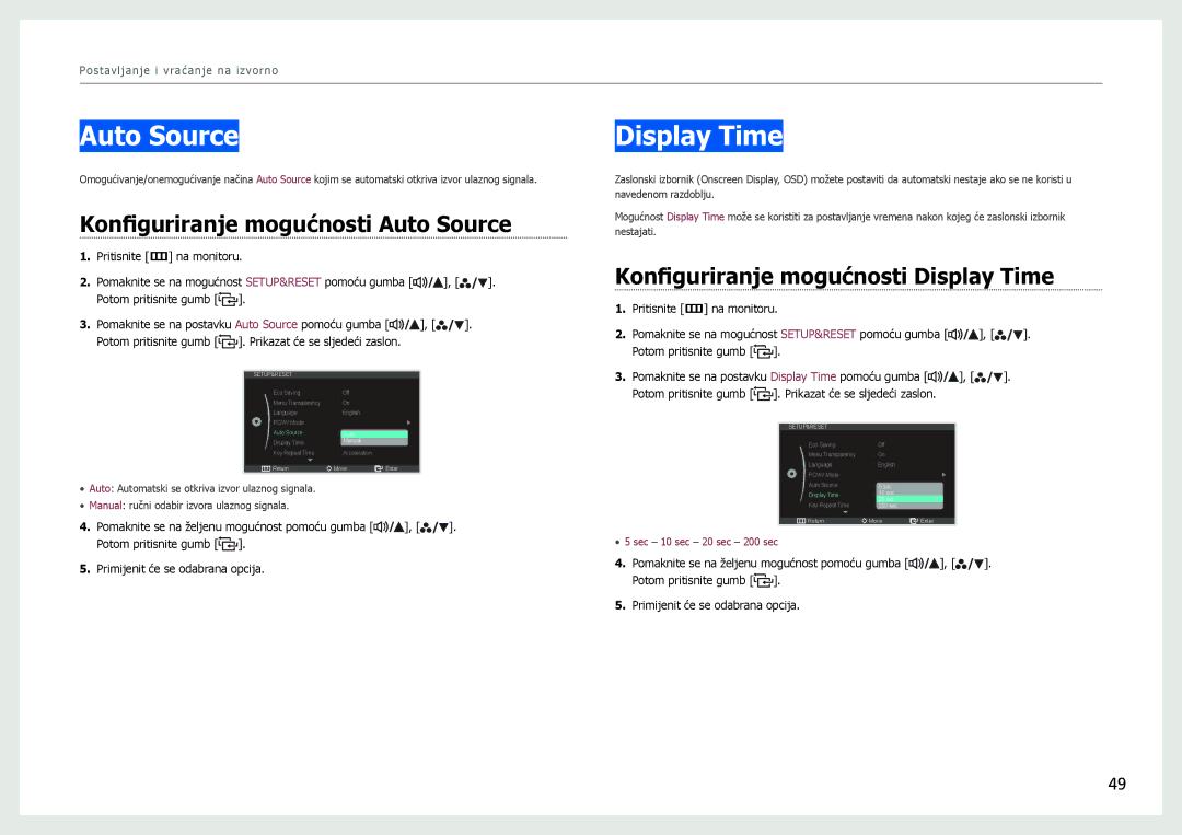 Samsung LS27B970DS/EN manual Konfiguriranje mogućnosti Auto Source, Konfiguriranje mogućnosti Display Time 