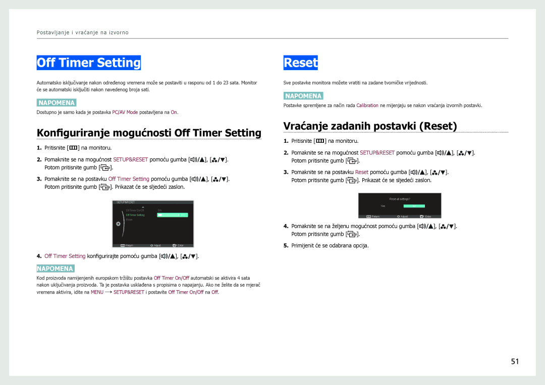 Samsung LS27B970DS/EN manual Konfiguriranje mogućnosti Off Timer Setting, Vraćanje zadanih postavki Reset 