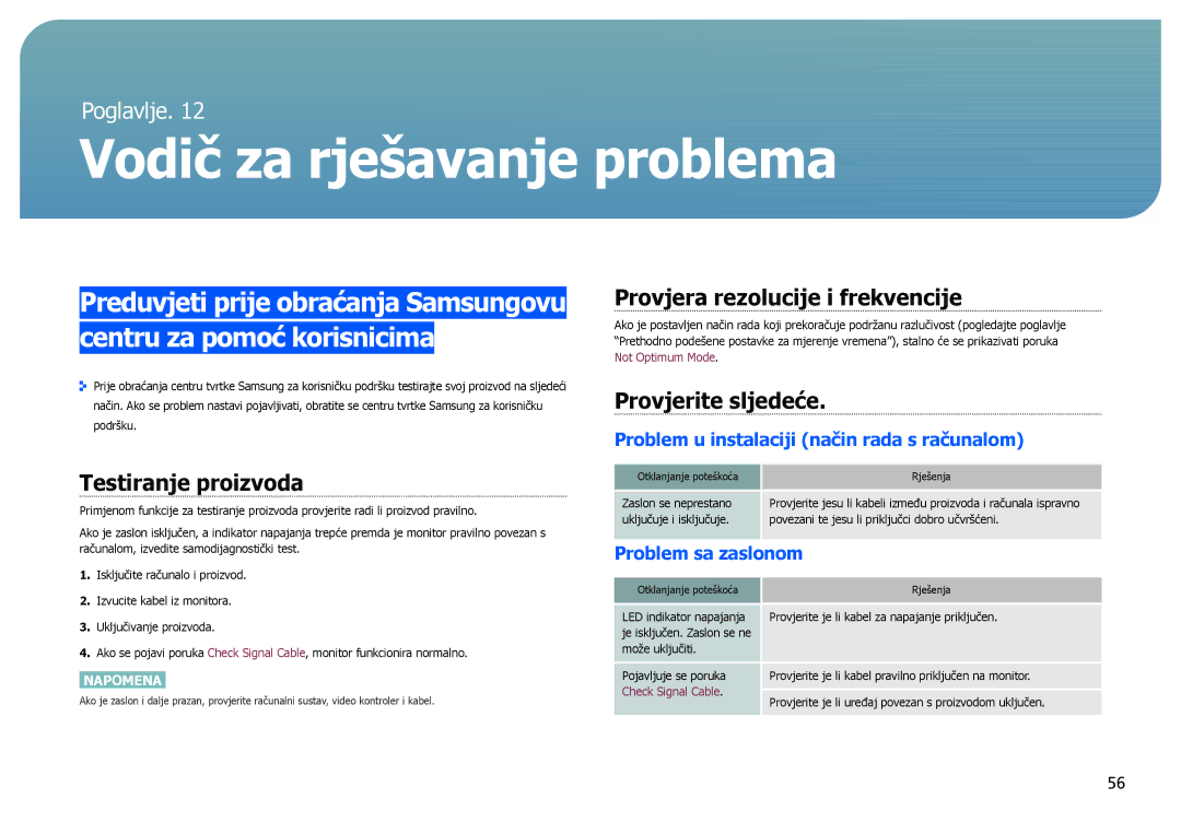 Samsung LS27B970DS/EN manual Vodič za rješavanje problema, Testiranje proizvoda, Provjera rezolucije i frekvencije 