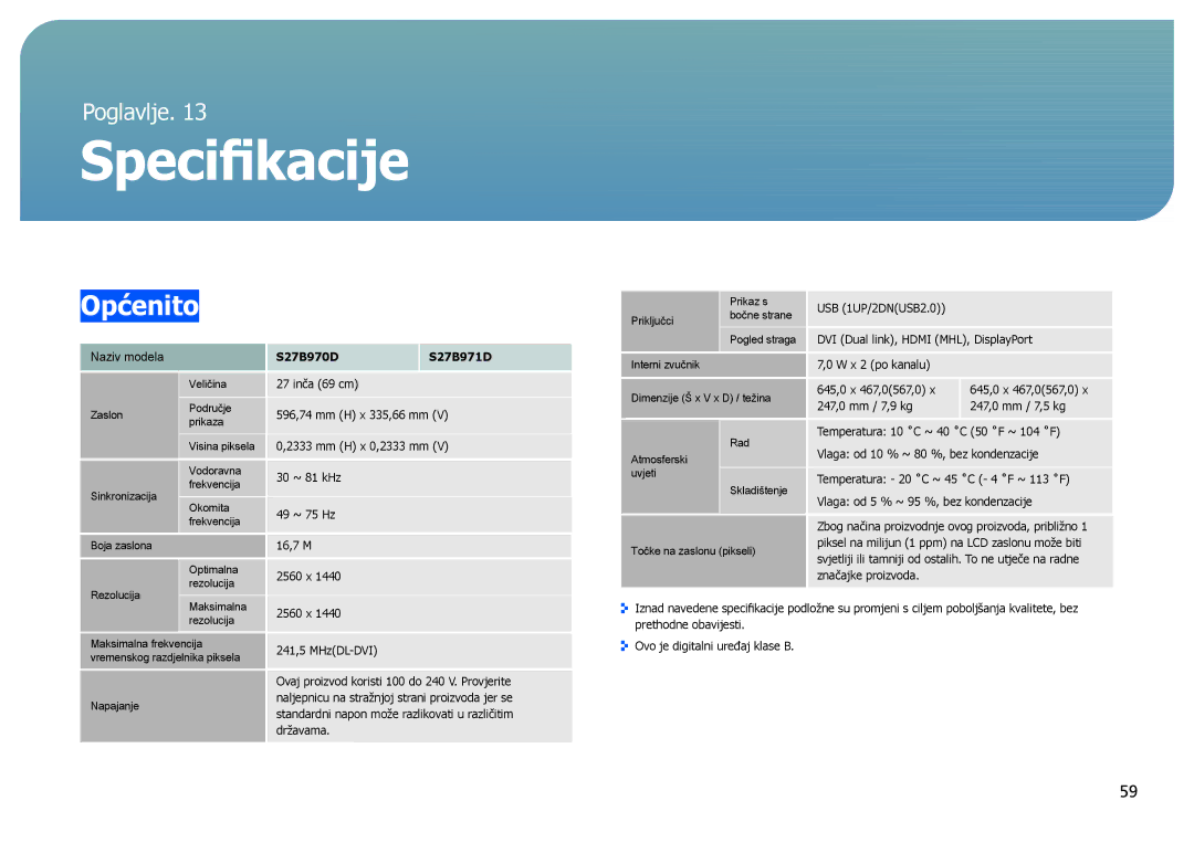 Samsung LS27B970DS/EN manual Specifikacije, Općenito 