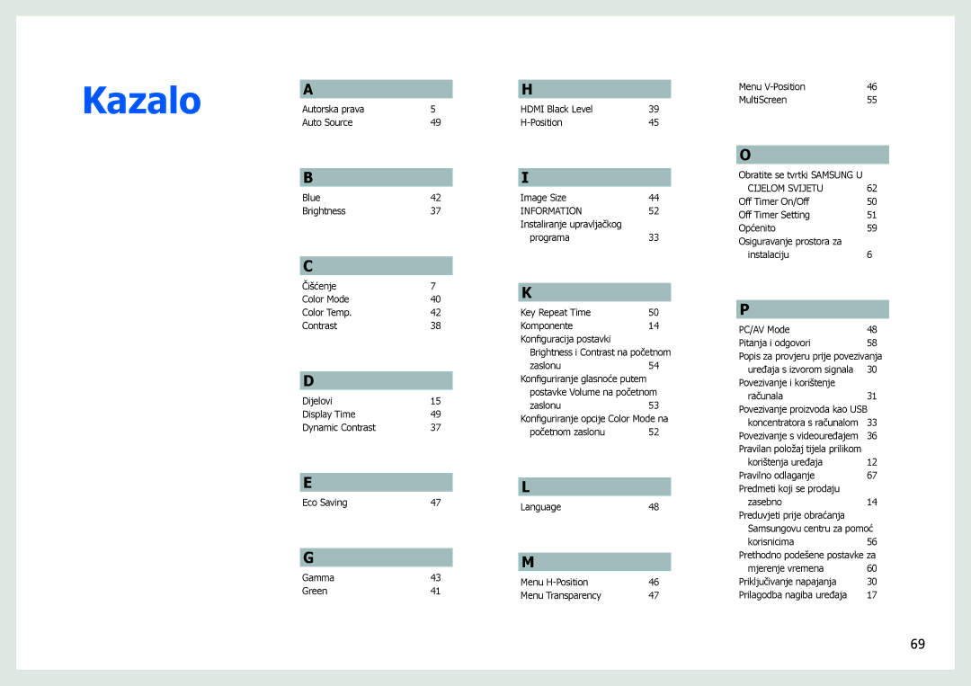 Samsung LS27B970DS/EN manual Kazalo 