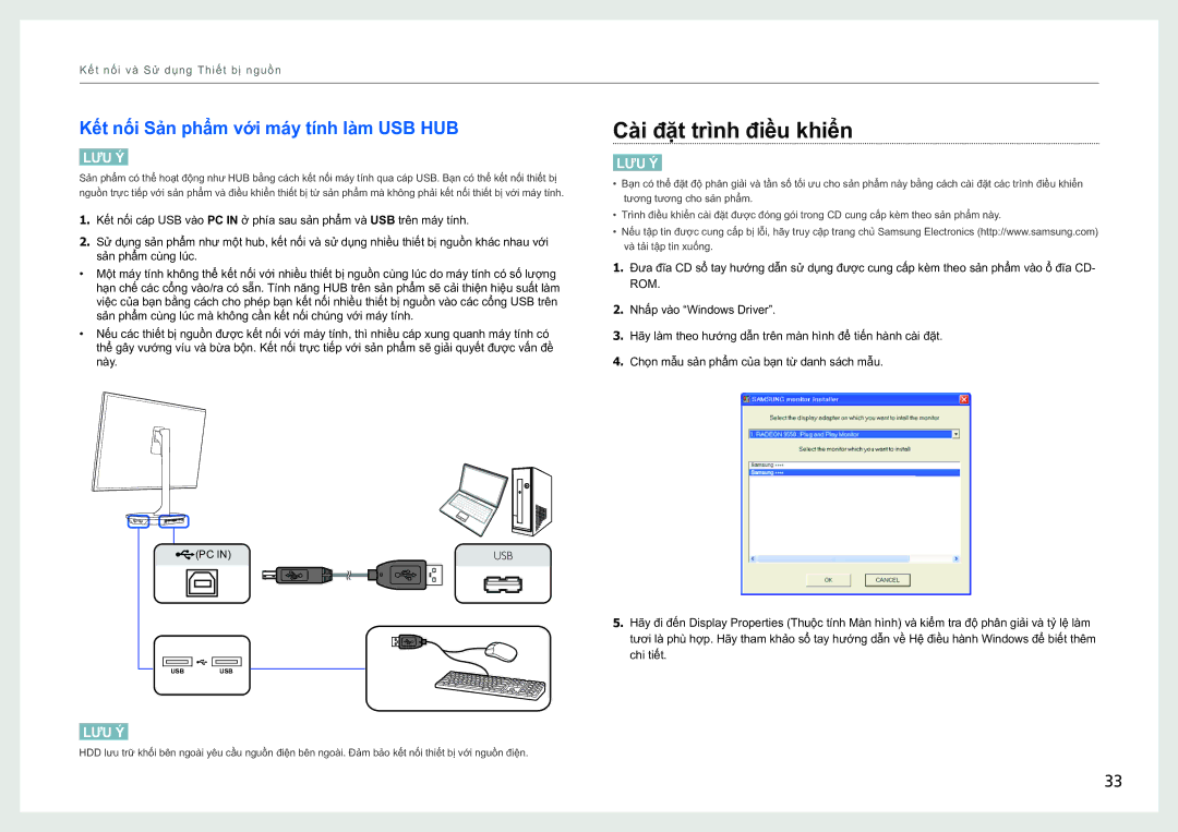 Samsung LS27B970DS/XY, LS27B970DS/XV manual Cai đăt trình điều khiên, Kết nối Sản phẩm vơi may tính lam USB HUB 