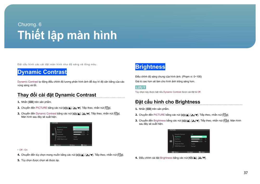 Samsung LS27B970DS/XY, LS27B970DS/XV manual Thiết lâp man hình, Brightness, Thay đổ̉i cài đặt Dynamic Contrast 