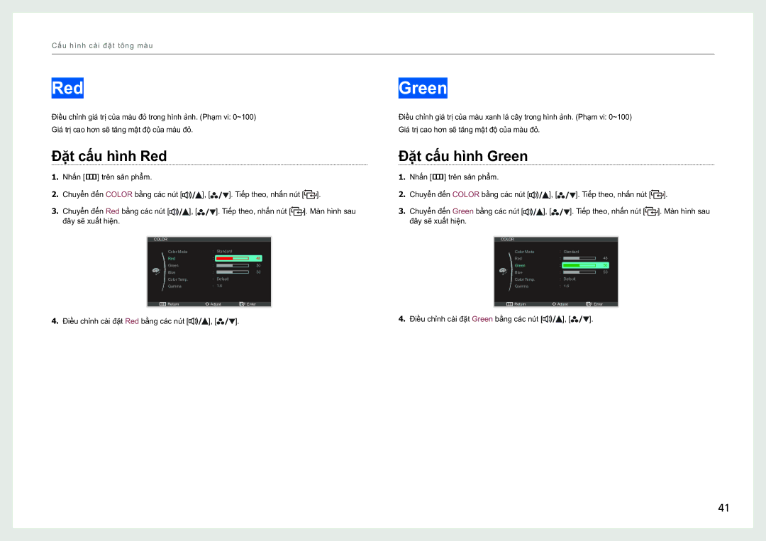 Samsung LS27B970DS/XY, LS27B970DS/XV manual Đăt cấu hình Red, Đăt cấu hình Green 