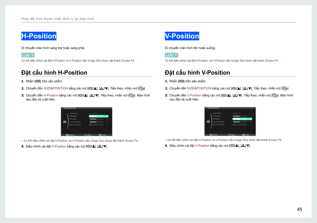 Samsung LS27B970DS/XY, LS27B970DS/XV manual Đăt cấu hình H-Position, Đăt cấu hình V-Position 