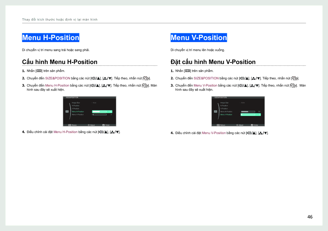 Samsung LS27B970DS/XV manual Menu H-Position Menu V-Position, Cấu hình Menu H-Position Đăt cấu hình Menu V-Position 