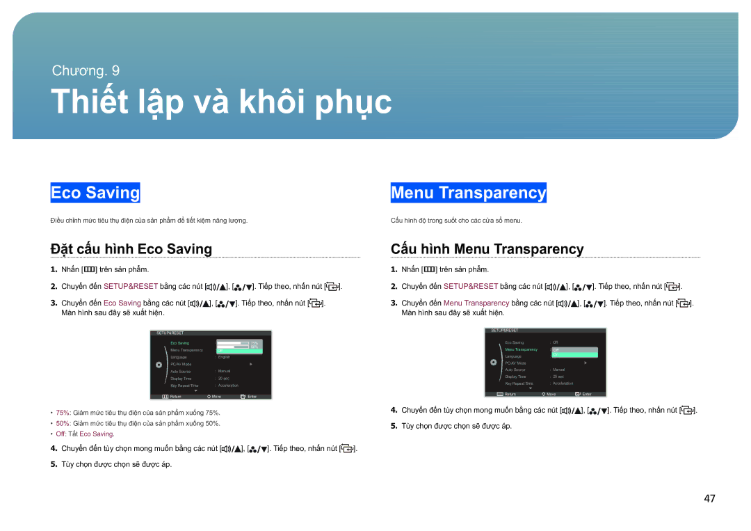 Samsung LS27B970DS/XY, LS27B970DS/XV manual Thiết lâp va khôi phuc, Đăt cấu hình Eco Saving, Cấu hình Menu Transparency 