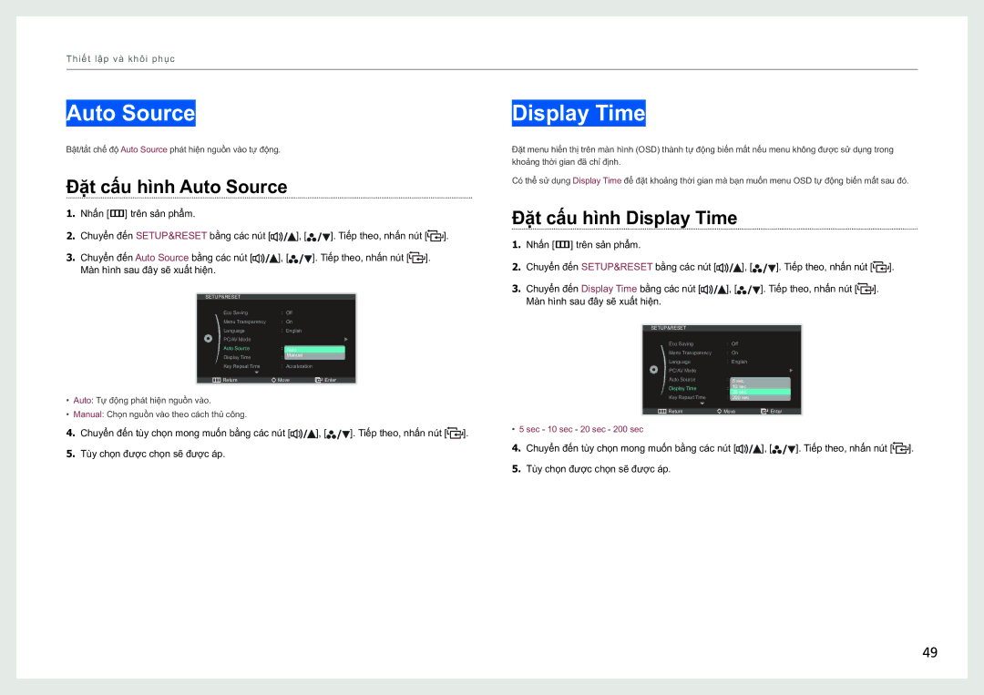 Samsung LS27B970DS/XY, LS27B970DS/XV manual Đăt cấu hình Auto Source, Đăt cấu hình Display Time 