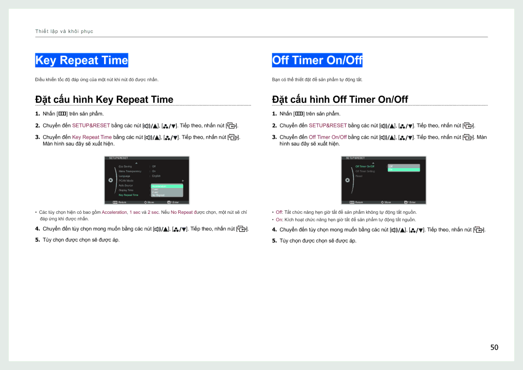 Samsung LS27B970DS/XV, LS27B970DS/XY manual Đăt cấu hình Key Repeat Time, Đăt cấu hình Off Timer On/Off 