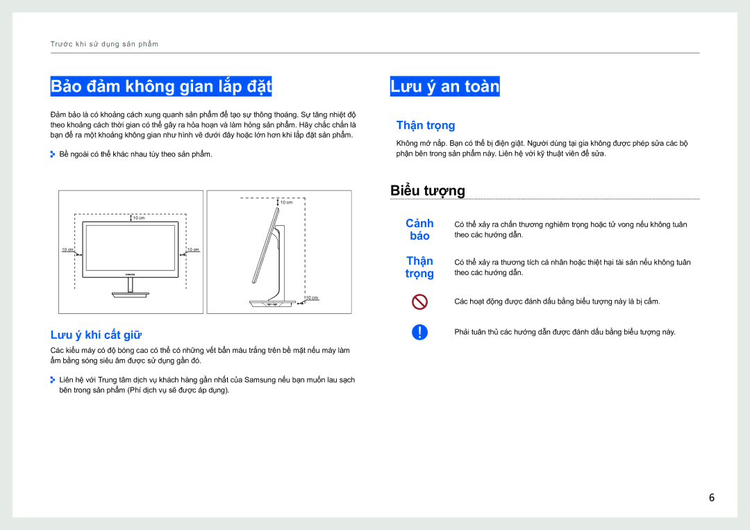 Samsung LS27B970DS/XV, LS27B970DS/XY manual Bả̉o đả̉m không gian lắp đặt, Lưu ý an toan, Biêu tương 
