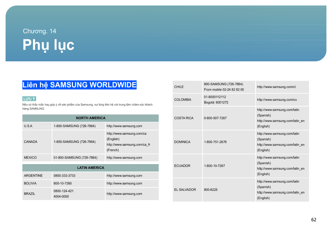 Samsung LS27B970DS/XV, LS27B970DS/XY manual Phu luc, Liên hệ Samsung Worldwide 