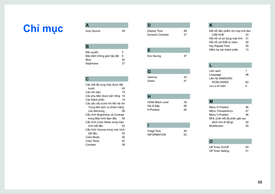 Samsung LS27B970DS/XV, LS27B970DS/XY manual Chỉ̉ mục 