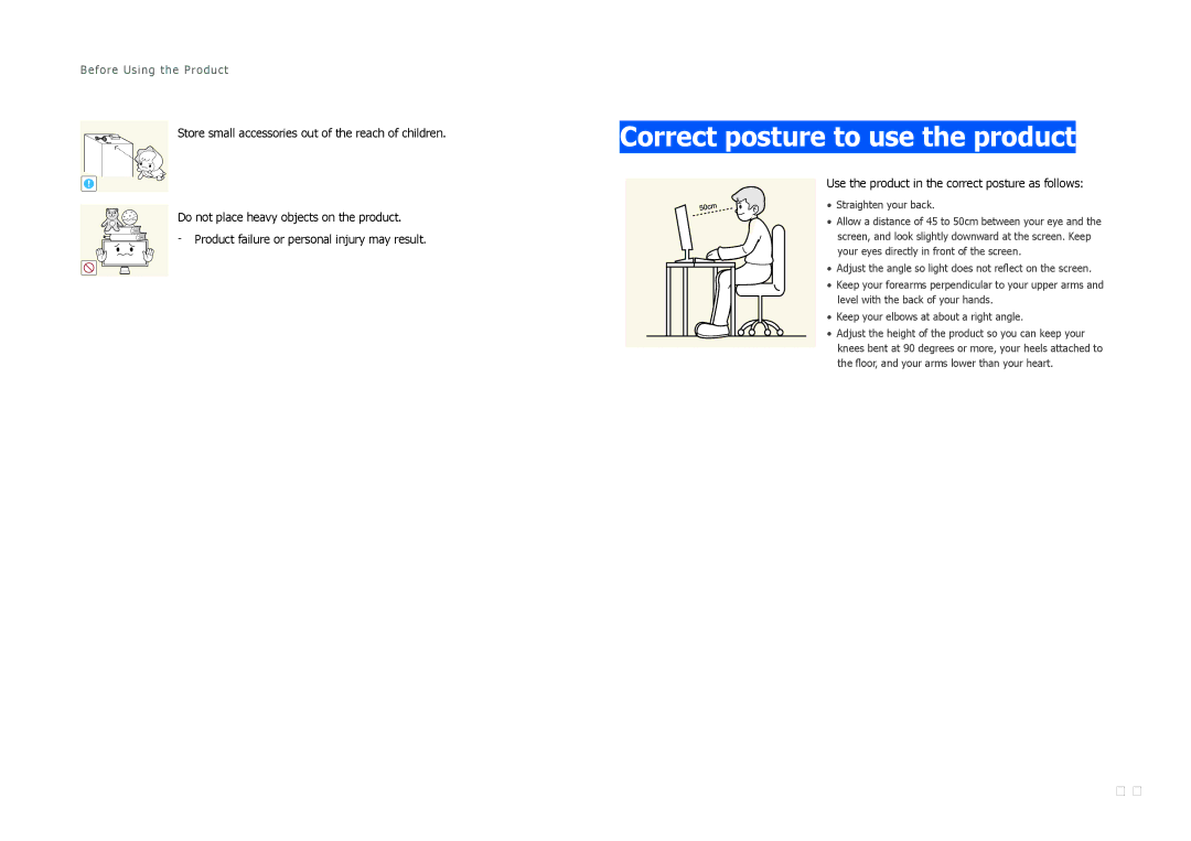 Samsung LS27B971DS/EN, LS27B970DS/EN Correct posture to use the product, Use the product in the correct posture as follows 