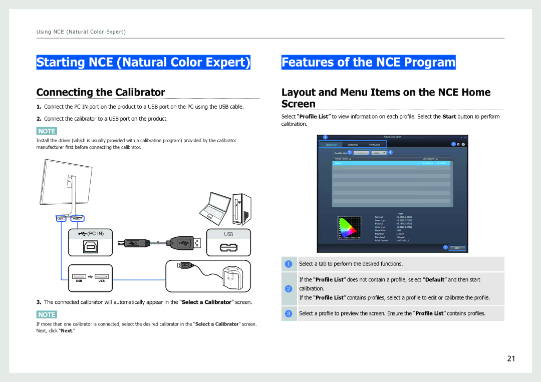 Samsung LS27B970DS/XV manual Starting NCE Natural Color Expert, Features of the NCE Program, Connecting the Calibrator 