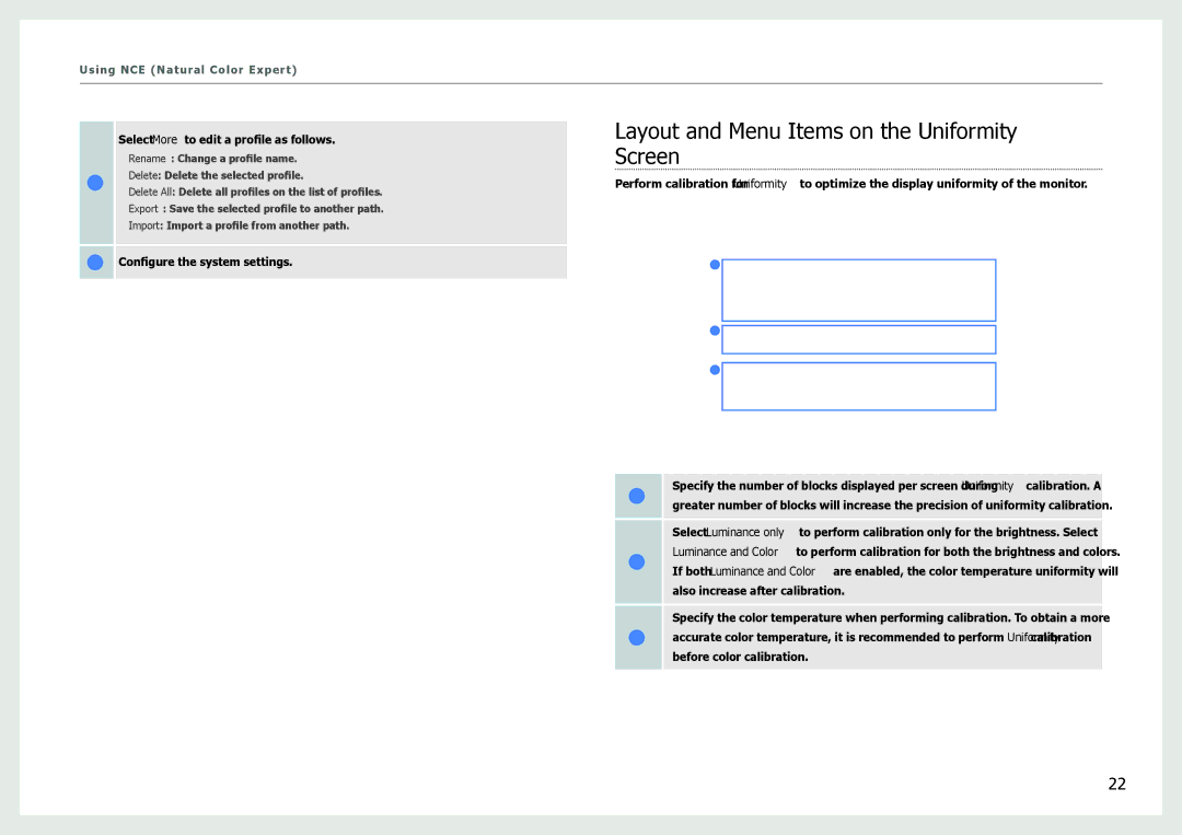 Samsung LS27B970DS/XY manual Layout and Menu Items on the Uniformity Screen, Select More to edit a profile as follows 