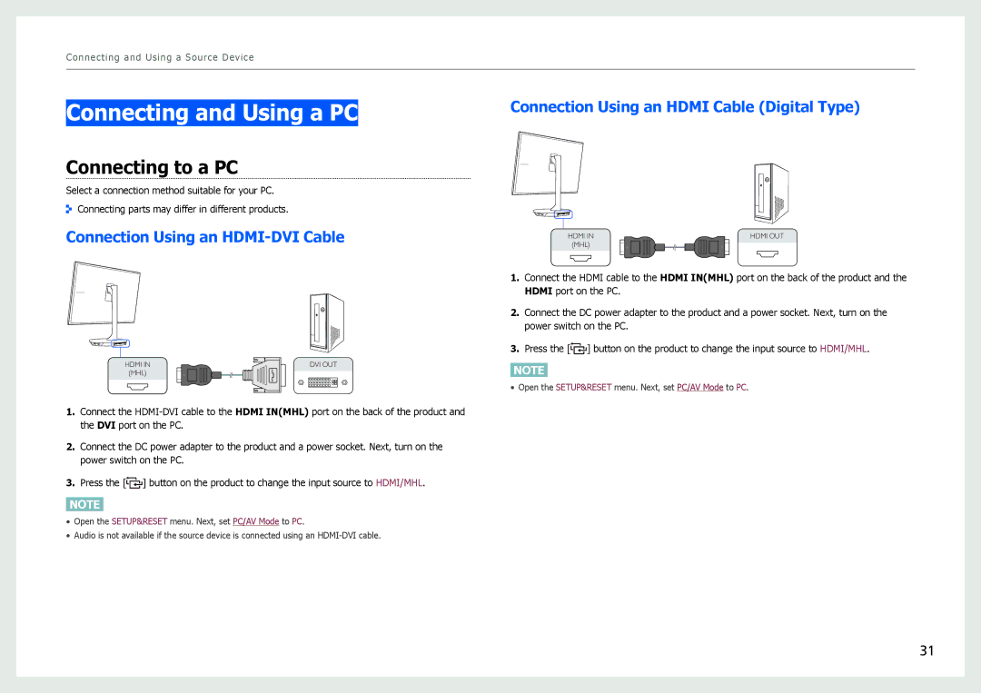 Samsung LS27B970DS/EN, LS27B971DS/EN Connecting and Using a PC, Connecting to a PC, Connection Using an HDMI-DVI Cable 