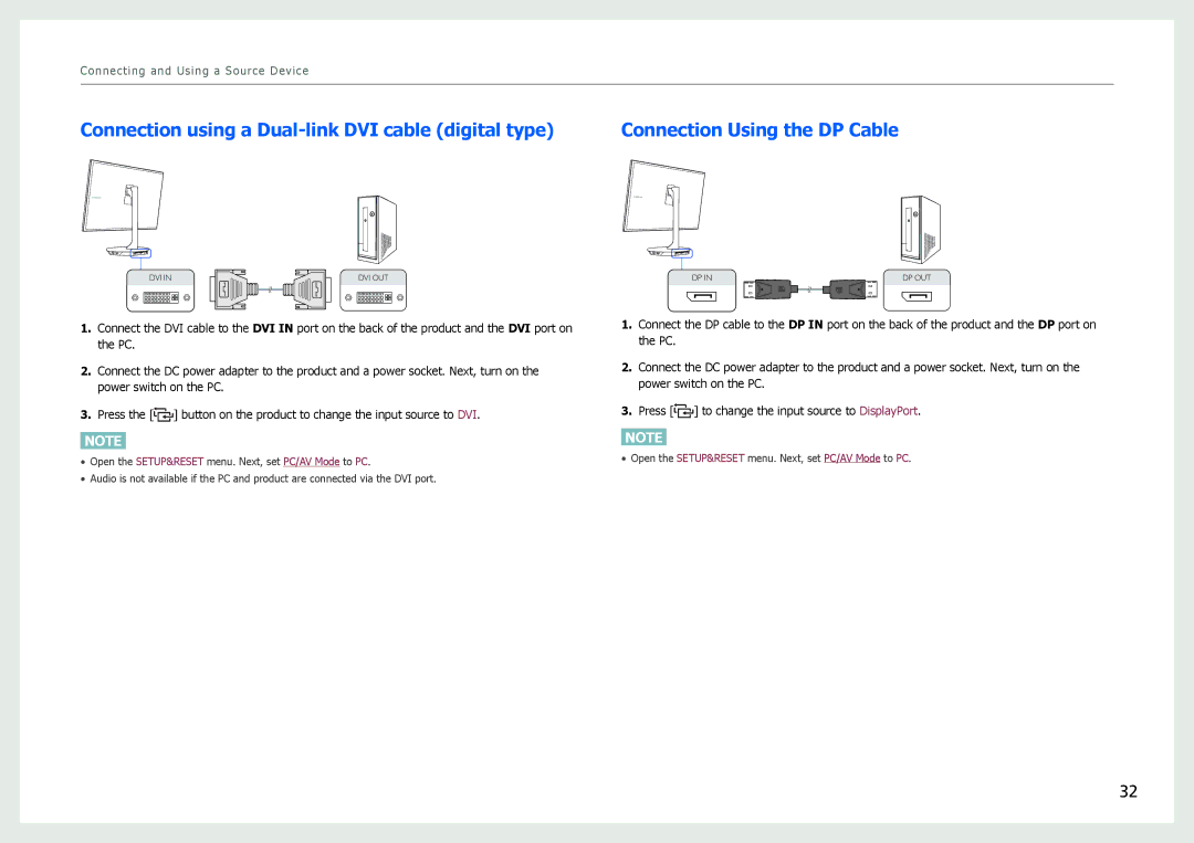 Samsung LS27B970DS/NG, LS27B971DS/EN Connection using a Dual-link DVI cable digital type, Connection Using the DP Cable 