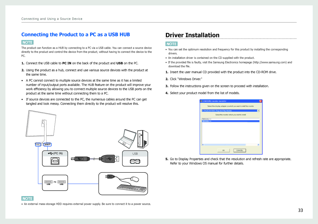 Samsung LS27B970DS/XV, LS27B971DS/EN, LS27B970DS/EN manual Driver Installation, Connecting the Product to a PC as a USB HUB 