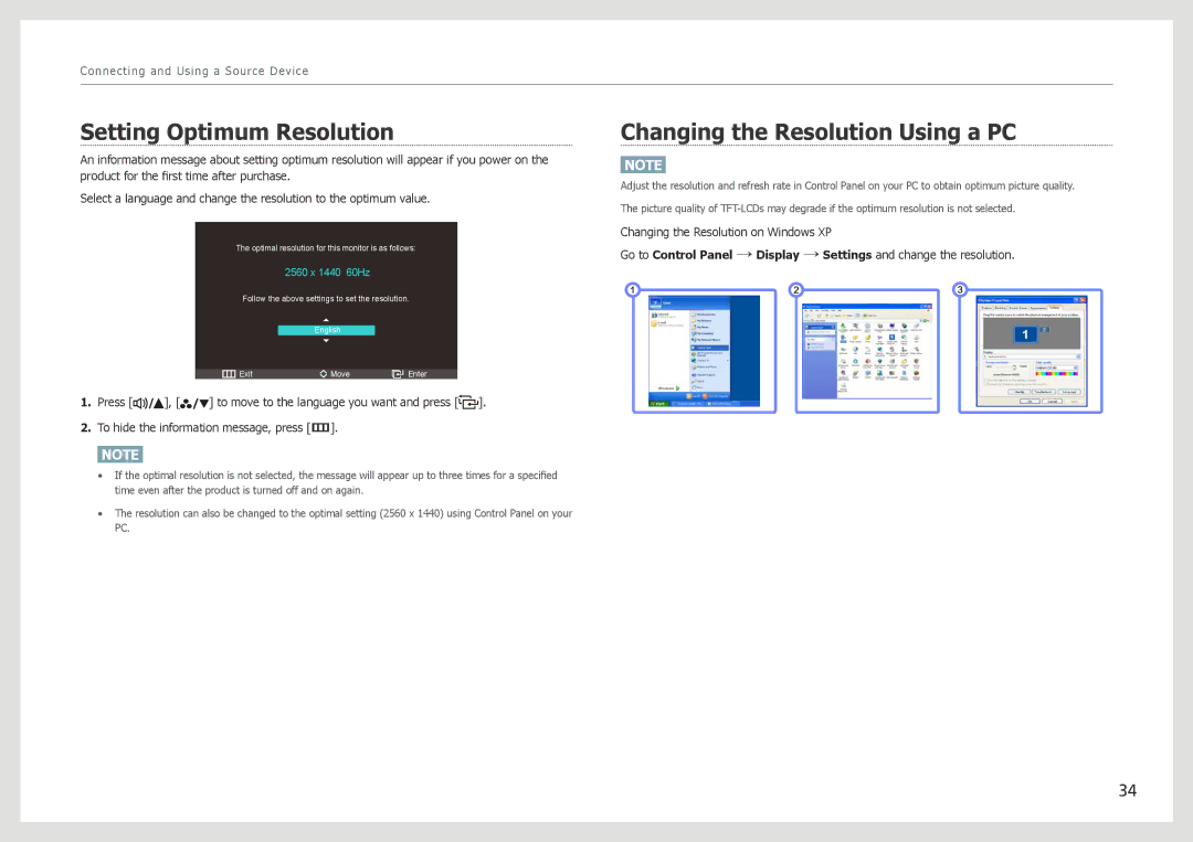 Samsung LS27B970DS/XY, LS27B971DS/EN, LS27B970DS/EN manual Setting Optimum Resolution, Changing the Resolution Using a PC 