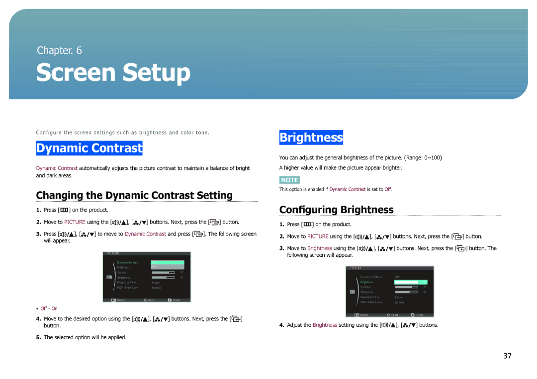 Samsung LS27B970DS/EN, LS27B971DS/EN Screen Setup, Changing the Dynamic Contrast Setting, Configuring Brightness 