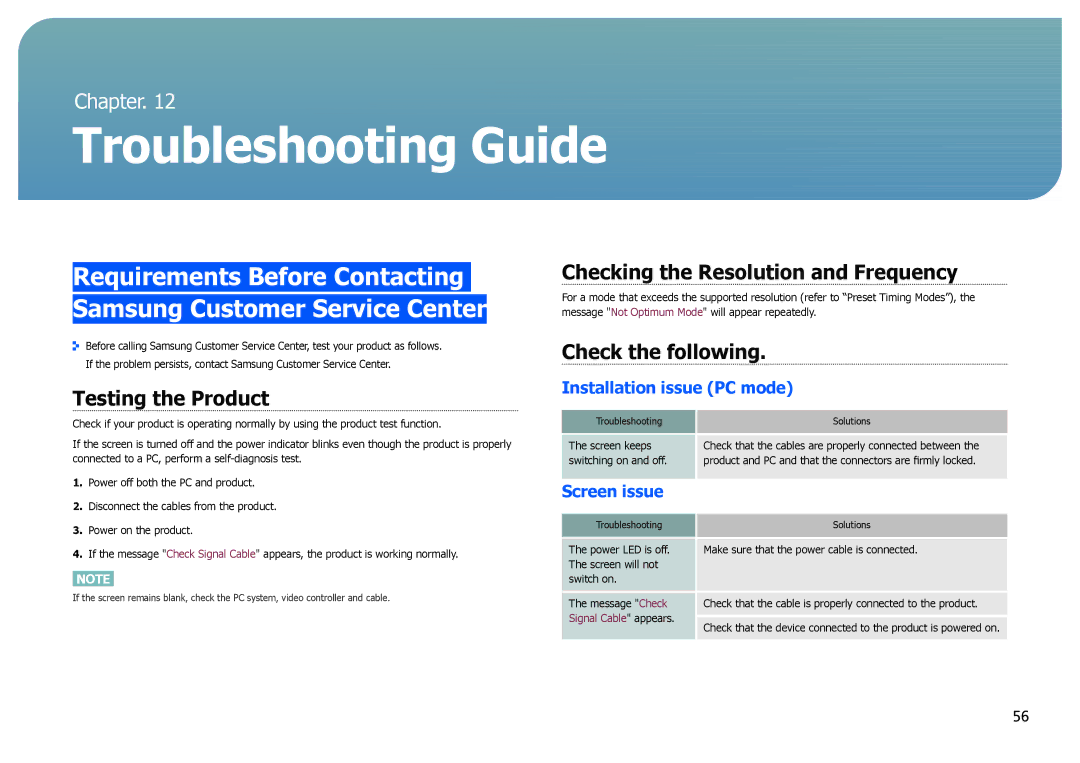 Samsung LS27B970DS/NG manual Checking the Resolution and Frequency, Check the following Testing the Product, Screen issue 