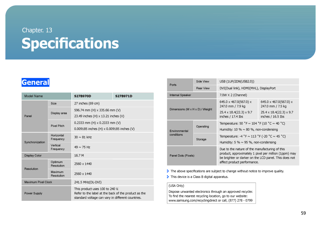 Samsung LS27B970DS/CI, LS27B971DS/EN, LS27B970DS/EN, LS27B970DS/NG, LS27B970DS/XV, LS27B970DS/XY manual Specifications, General 